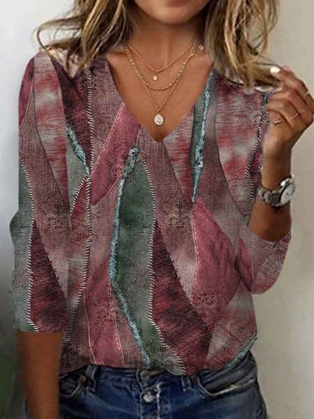 

Women's Long Sleeve Tee T-shirt Spring/Fall Geometric Jersey V Neck Daily Going Out Casual Top, Wine red, T-Shirts