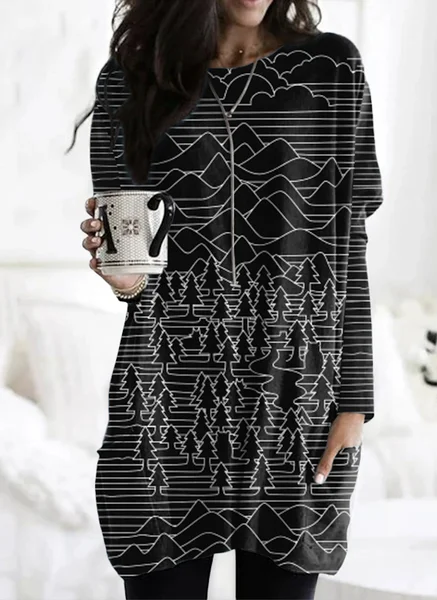 

Geometric Wave Art Casual Long T-shirt, Black, Long sleeves
