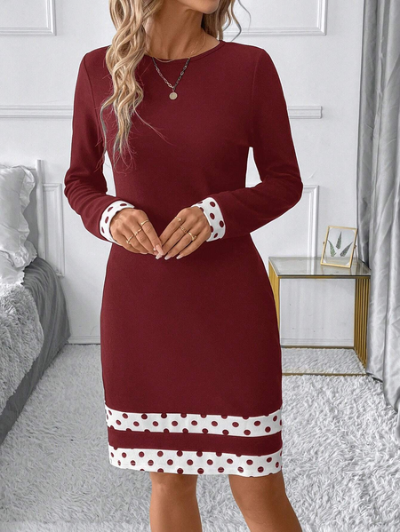 

Women's Long Sleeve Spring/Fall Multicolor Block Dress Crew Neck Holiday Going Out Vintage Mini H-Line Hip Skirt, Red, Dresses
