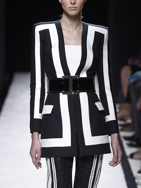 Urban Color Block V Neck Jacket With Not Belt, Black, Jackets