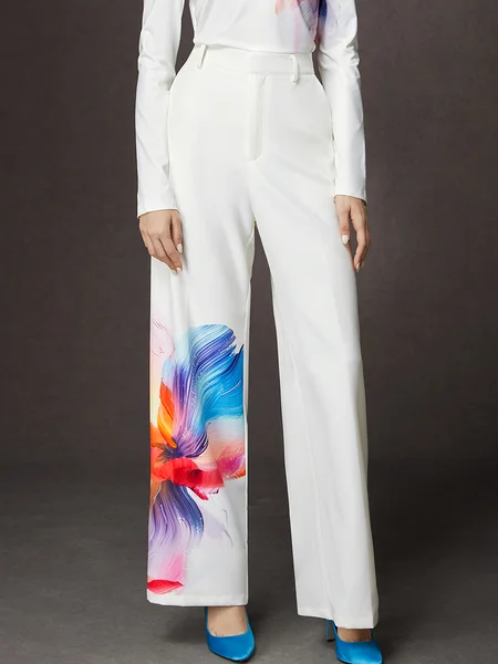 

Urban Floral Wide Leg Fashion Pants, White, Pants