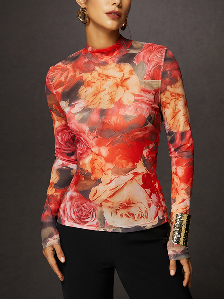 

Urban Floral Mock Neck T-Shirt, As picture, Tees