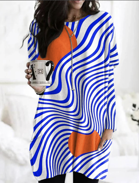

Vintage Geometric Crew Neck Long Sleeve T-shirt, Blue, T-shirts