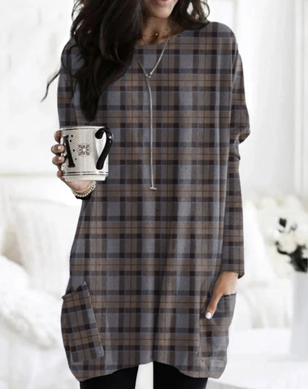 

Retro checkered pattern casual long T-shirt, Brown, Long sleeves