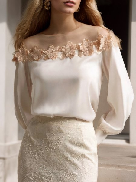 

Elegant Plain 3D Floral Crew Neck Blouse, White, Blouses and Shirts