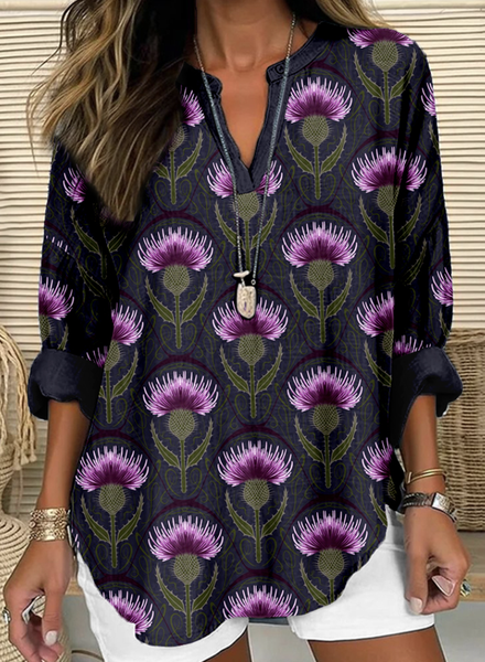 

Vintage Scottish Thistle Pattern Linen Blend Cozy Shirt, Dark blue, Blouses & Shirts