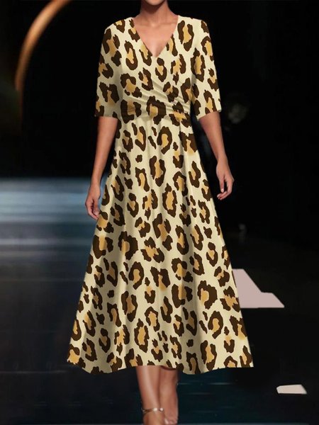 

Women's Short Sleeve Summer Leopard Dress V Neck Daily Going Out Casual Maxi A-Line, Yellow, Dresses