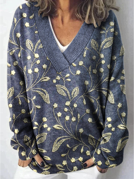 

Women Floral Long Sleeve Comfy Vintage Sweater, Dark blue, Sweaters