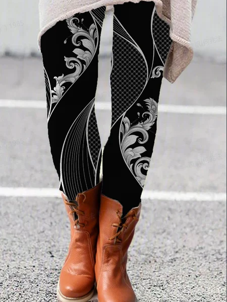 Geometric Print Leggings, Black, Leggings