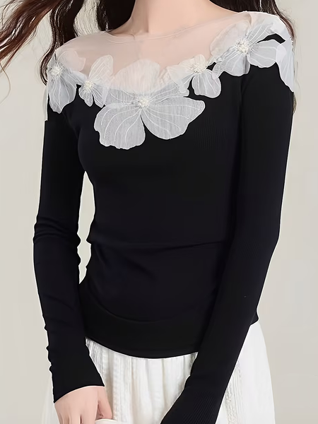 

High Elasticity Elegant Plain 3D Floral Blouse, Black-white, Blouses and Shirts