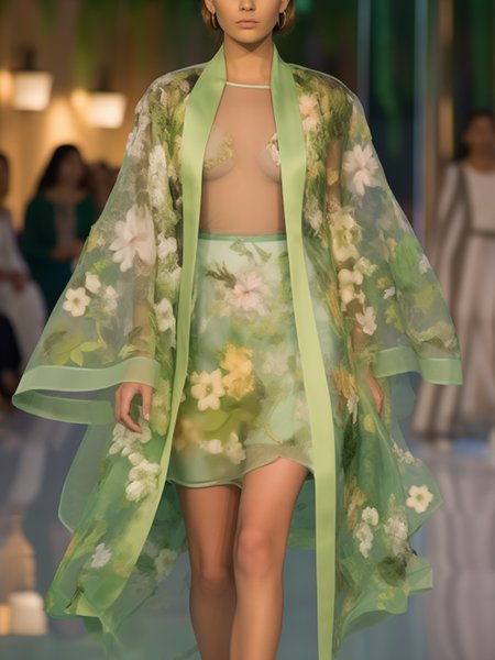 

Elegant Printing Floral Loosen Kimono, Green, Kimonos