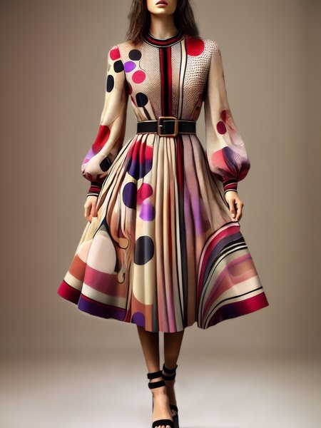 

Elegant Geometric Crew Neck Midi Dress With No Belt, As picture, Midi Dresses