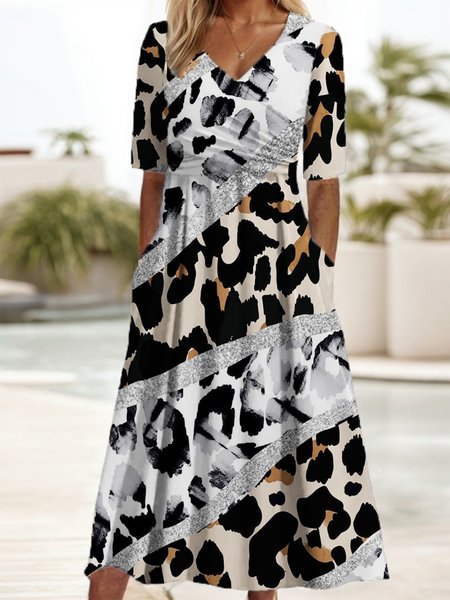 

Women's Short Sleeve Summer Leopard Dress V Neck Daily Going Out Casual Maxi A-Line, Gray, Dresses