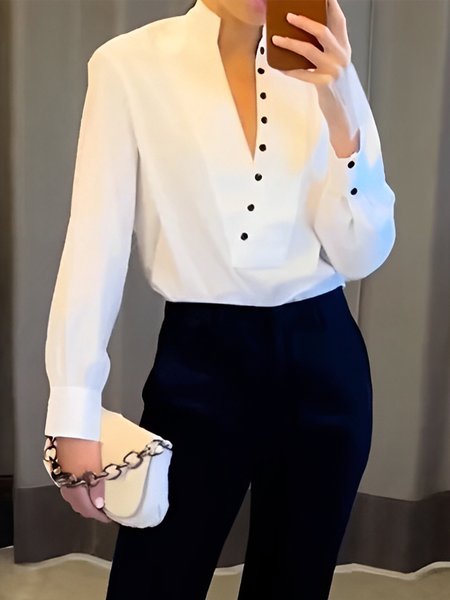 

Urban Plain Buttoned V Neck Blouse, White, Blouses and Shirts