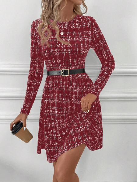 

Women's Fashion Elegant Color Splicing Long Sleeve Slim Dress, Red, Midi Dresses