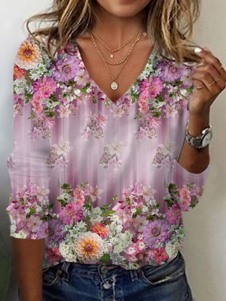 

Floral Print Long Sleeve V-Neck T-shirt, Pink, Long sleeves