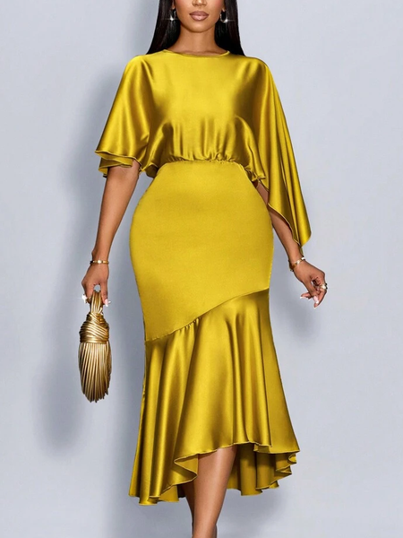 

Elegant Plain Irregular Craftsmanship Midi Dress, Yellow, Midi Dresses