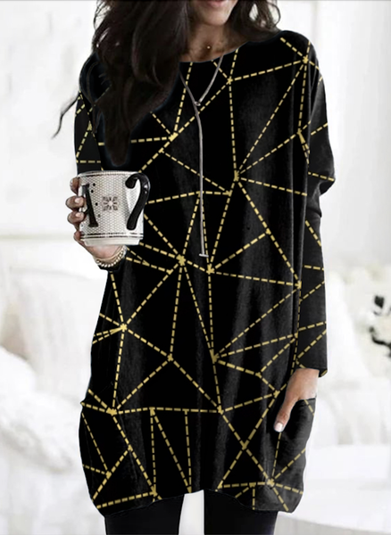 

Vintage Geometric Crew Neck Long Sleeve T-shirt, Black, T-shirts