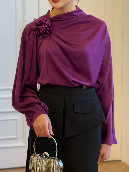 Elegant Plain 3D Floral Asymmetrical Blouse, Purple, Blouses and Shirts