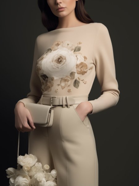 

Elegant Floral Printing Off The Shoulder T-shirt, Apricot, Tees