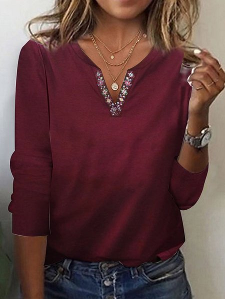 

Women's Long Sleeve Blouse Spring/Fall Plain Jersey V Neck Daily Going Out Casual Top, Wine red, T-Shirts