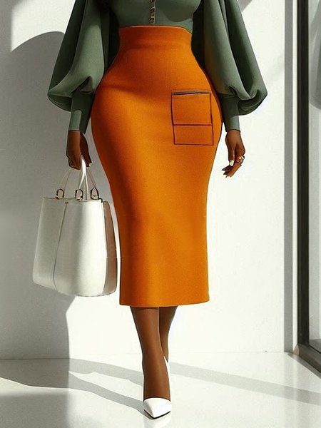 Elegant Printing Geometric Midi Skirt, Orange, Skirts