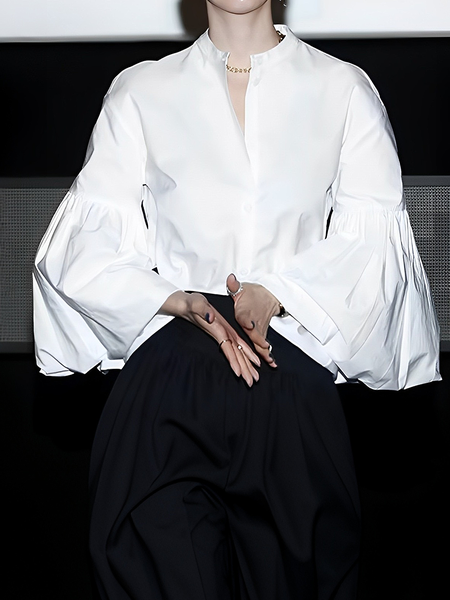 

Urban Plain Ruched Stand Collar Bell Sleeve Shirt, White, Blouses and Shirts