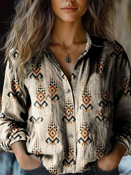 

Women's Vintage Aztec Art Print Casual Long Sleeve Comfortable Cotton Shirt, Khaki, Blouses