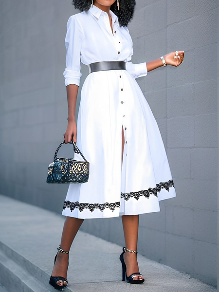 

Elegant Color Block Midi Dress With No Belt, White, Midi Dresses