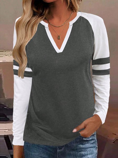 

Women's V-neck Casual Colorblock Long Sleeve T-shirt, Gray, Blouses & Shirts