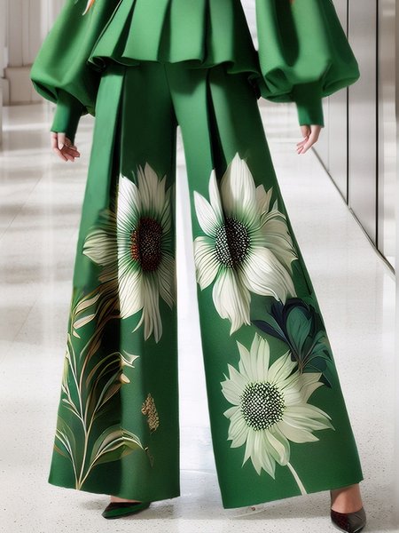 

Elegant Floral Loosen Fashion Pants, Green, Pants