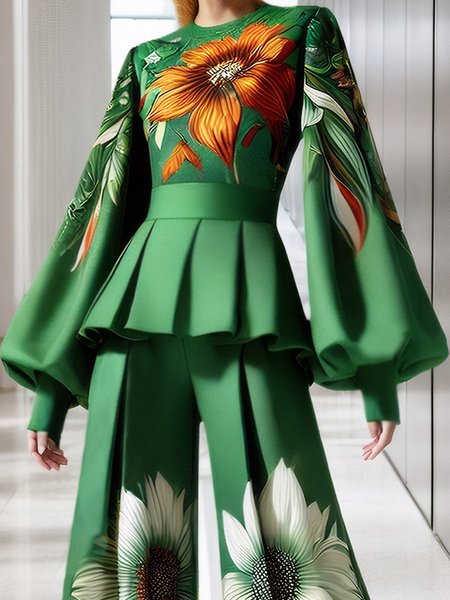 

Elegant Floral Printing Crew Neck Blouse, Green, Blouses and Shirts