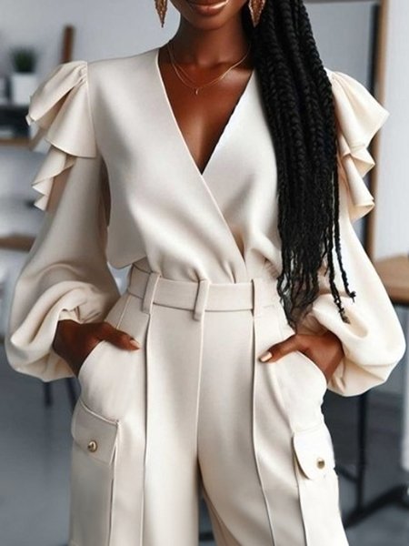 

Urban Plain Peplum V Neck Blouse, Off white, Blouses and Shirts