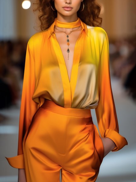 

Elegant Gradient Pattern Printing Shirt Collar Shirt, As picture, Blouses and Shirts