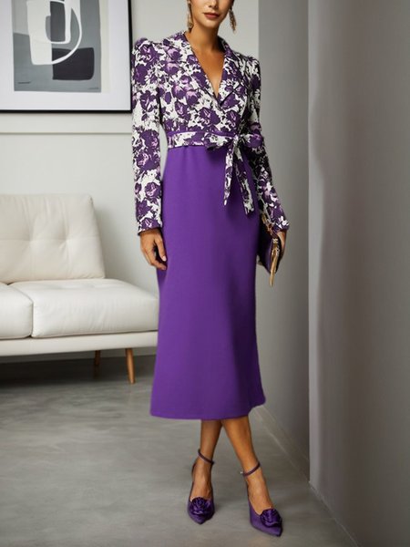 Puff Sleeve Lapel Collar Floral Elegant Party Dress, Purple, Midi Dresses
