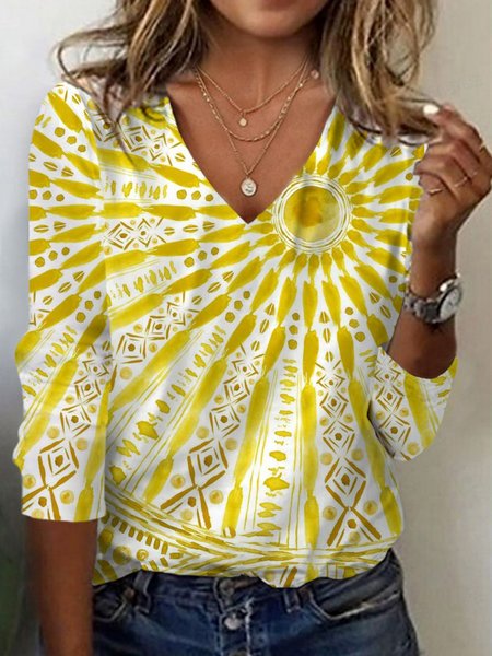 

Casual Geometric V Neck Long Sleeve T-shirt, Yellow, T-shirts