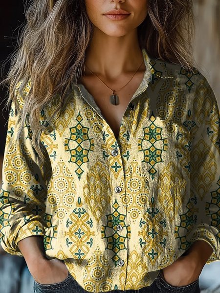 

Ethnic Print Long Sleeve Shirt, Yellow, Blouses