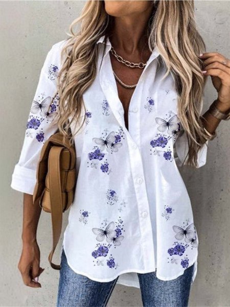 Women Floral Long Sleeve Shirt Spring/Fall Shirt Collar Daily Casual Top, Blue, Blouses