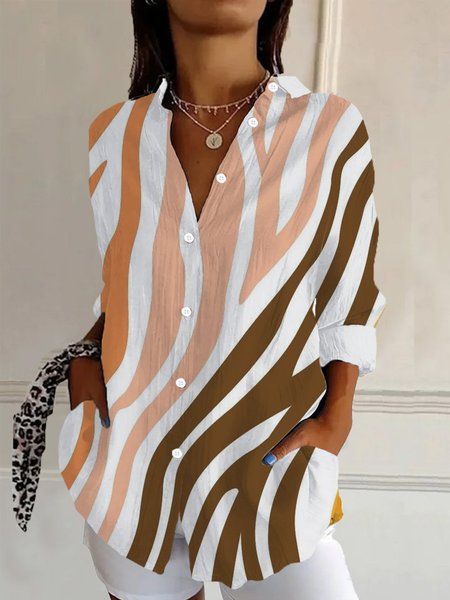 

Shirt Collar Long Sleeve Geometric Regular Loose Shirt For Women, Khaki, T-shirts