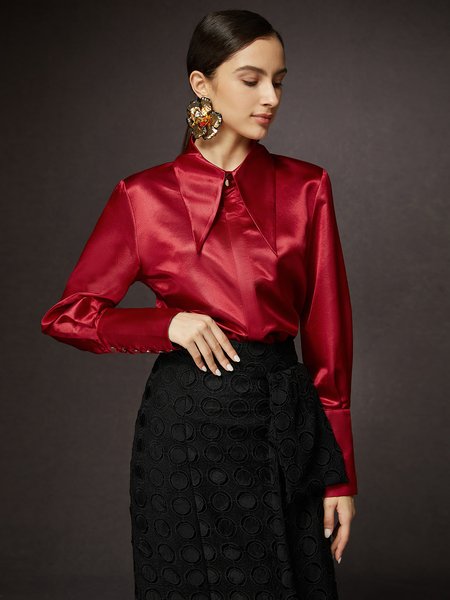 

Loose Urban Plain Shawl Collar Shirt, Crimson, Blouses and Shirts