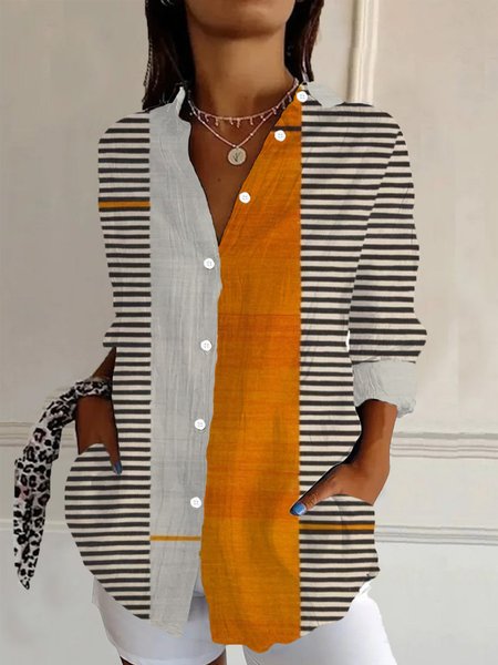 

Striped Print Casual Shirt, Apricot, Blouses