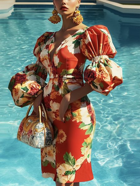 Elegant Puff Sleeve Floral Printing Midi Dress, As picture, Mini Dresses