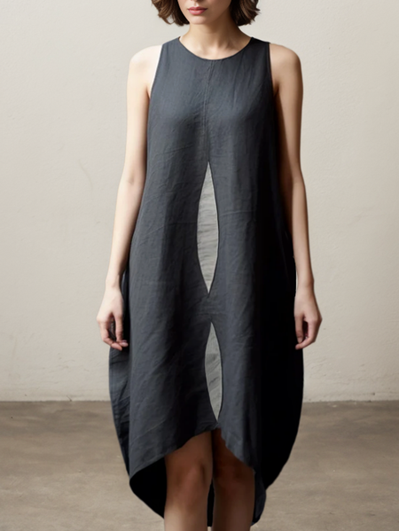 

Linen Plain Crew Neck Mini Dress, Black, Midi Dresses