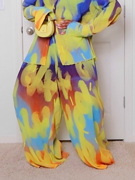 

Vacation Random Print Wide Leg Pants, As picture, Pants