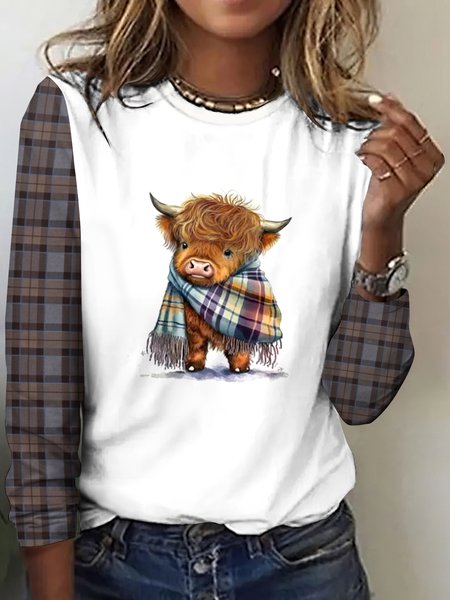 

Retro plaid color blocked highland cow casual long sleeved T-shirt, White, Long sleeves
