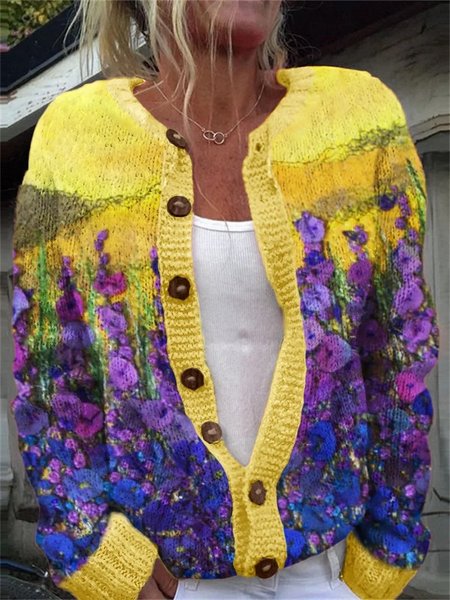 

Purple Floral Fiber Art Cozy Knit Cardigan, Yellow, Cardigans