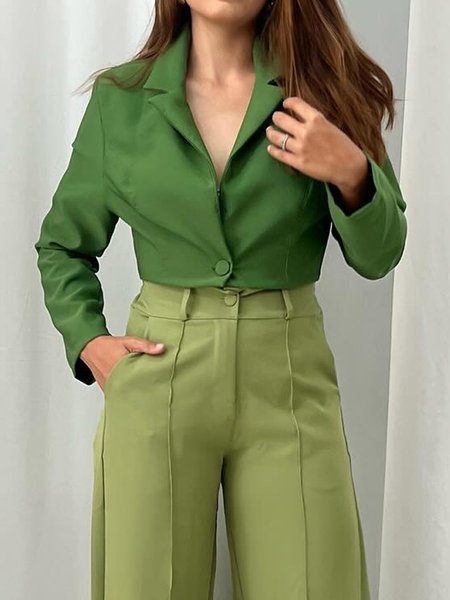 Urban Plain Buckle Shirt Collar Shirt, Green, Blouses and Shirts