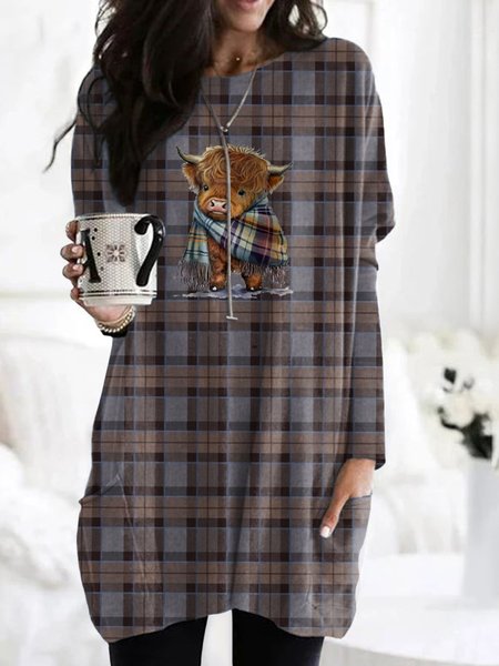 

Vintage Geometric Crew Neck Long Sleeve T-shirt, Brown, T-shirts