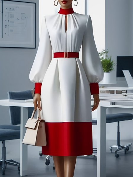 

Elegant Color Block Balloon Sleeve Stand Collar Midi Dress With Belt, As picture, Midi Dresses