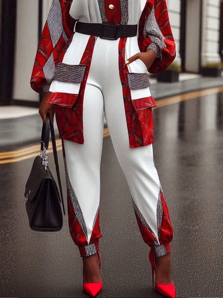 

Urban Color Block Pockets Cargo Pants, Red, Pants